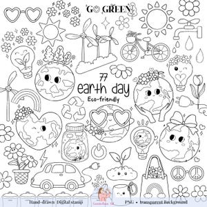 May include: Black and white line art illustrations of Earth Day themed images, including the Earth, a lightbulb, a car, a plant, a recycling symbol, a heart, a flower, a sun, a wind turbine, a bicycle, a rainbow, a peace sign, and the text "GO GREEN" and "77 earth day Eco-friendly".