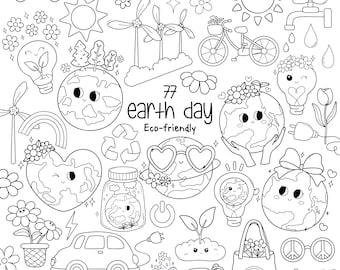 Earth Day Clipart Outline Coloring, Retro Earth day clipart, Recycle Environment Clipart, Eco friendly Go green Blue planet Ecology Natural