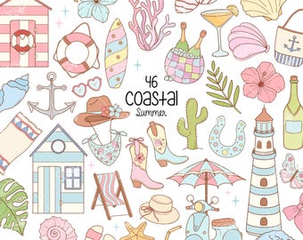 Pastel Coastal Clipart, Cowgirl Summer Clipart, Beach png, Seaside Nautical Clipart, Under the Ocean Seashell png Vintage Coastal Clipart