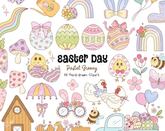 Happy Easter Clipart: Pastel easter, Spring clipart, Easter eggs,  Spring flowers clipart, Groovy easter png svg for Crafts DIY t-Shirts.