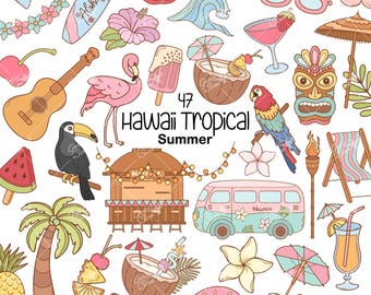 Hawaii Clipart, Tropical Beach | Island Summer Luau clipart, Travel clipart, Hawaiian Pineapple Lemon Cherry Flamingo Seaside Coconut