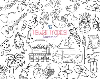Hawaii Coloring Outline PNG, Tropical Beach | Island Summer Luau, Travel clipart, Hawaiian Pineapple Lemon Cherry Flamingo Seaside Coconut