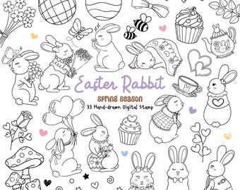 May include: A set of 33 black and white digital stamps featuring Easter bunnies, eggs, cupcakes, flowers, and other spring-themed illustrations. The text "Easter Rabbit Spring Season 33 Hand-drawn Digital Stamp" is included in the image.