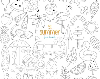 Summer Beach Outline Stamp Clipart, Summer Clipart, Beach png, Seaside Clipart, Coastal Clipart, Pastel summer girly style, Travel Clipart