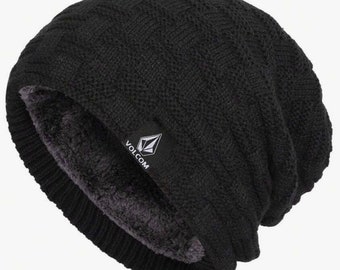 Slouchy Unisex Knitted Beanie, Lined, Black Thick & Warm Winter Hat For Outdoor Activities and Everyday Casual, Skiing and Snow.