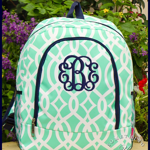 Mint Personalized School Backpack in Trellis Pattern - Monogrammed Backpacks, Personalized Vine print school bags, Mint and Navy Blue