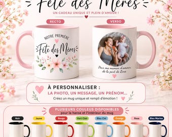 Mug céramique personnalisé photo fête des mères, tasse maman prénom, cadeau unique , mug cœur couleur personnalisable, idée cadeau