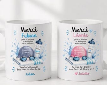 Mug personnalisé coach natation femme ou homme, cadeau prof piscine, tasse entraîneur sport avec prénoms personnalisables