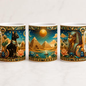 Forntida Egypten mugg, egyptisk katt kaffemugg, pyramider och farao mugg, original egyptisk gåva, egyptisk mytologi mugg