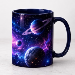 Pode incluir: Uma caneca de cerâmica azul-escura com um design espacial vibrante. O exterior apresenta uma nebulosa colorida com estrelas brilhantes, um grande planeta com anéis proeminentes, um planeta menor e uma esfera texturizada em primeiro plano.