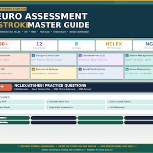 May include: A study guide titled "NEURO ASSESSMENT & STROKMASTER GUIDE" with a teal and white design. The guide includes sections on Neuro Assessment, Cranial Nerves, and Stroke Management. It also lists "100+ Practice Questions" and "NCLEX/ATI/HESI Practice Questions".