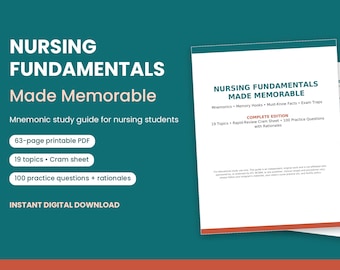 Nursing Fundamentals Study Guide, NCLEX Practice Questions, Mnemonics (Digital Download)