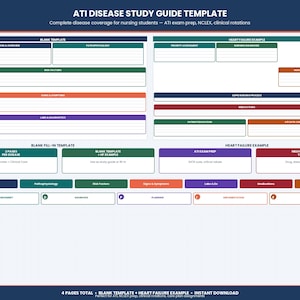 May include: A blue and white study guide template for nursing students. The template includes sections for disease coverage, ATI exam prep, and clinical rotations. The text includes "ATI DISEASE STUDY GUIDE TEMPLATE" and "BLANK FILL-IN TEMPLATE".