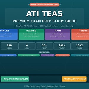 Può includere: Grafica turchese per la Guida allo studio ATI TEAS Premium Exam Prep. La guida include sezioni di inglese, lettura, matematica e scienze. Presenta 100 domande pratiche, 4 materie principali e oltre 200 termini chiave definiti.