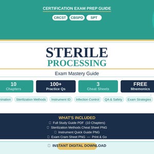 Può includere: Una guida digitale per la preparazione all'esame di sterilizzazione. La copertina presenta il titolo "STERILE PROCESSING" con "Exam Mastery Guide" sotto. Include 10 capitoli, oltre 100 domande pratiche, 3 foglietti e mnemonici gratuiti.