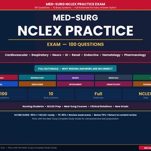 May include: A digital study guide for the Med-Surg NCLEX Practice Exam. The guide features the text "MED-SURG NCLEX PRACTICE EXAM - 100 QUESTIONS" in white. It includes sections on cardiovascular, respiratory, and other medical topics. The guide is designed for nursing students.