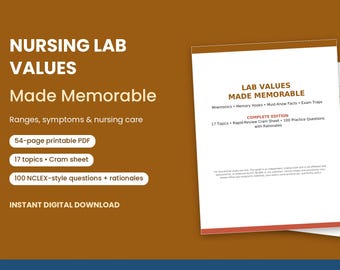 Nursing Lab Values Guide, 100 NCLEX Style Practice Questions, Lab Mnemonics, Electrolytes Cram Sheet, Digital Download
