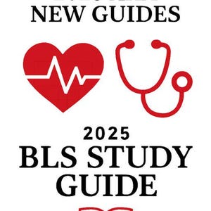 May include: White graphic with red heart and stethoscope illustrations, and text reading "2025 AHA NEW GUIDES" and "2025 BLS STUDY GUIDE". An open book illustration is at the bottom.