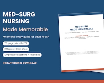 Med-Surg Nursing Study Guide, 120 NCLEX Practice Questions, Mnemonics (Digital Download)