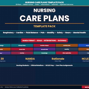 May include: A dark blue template pack for nursing care plans. The title "Nursing Care Plans" is in large white letters. The template includes sections for respiratory, cardiac, fluid balance, pain, mobility, safety, neuro, and mental health.