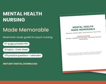 Psychiatric Nursing Study Guide, 100 NCLEX Style Practice Questions, Psych Mnemonics, Mental Health Cram Sheet, Digital Download