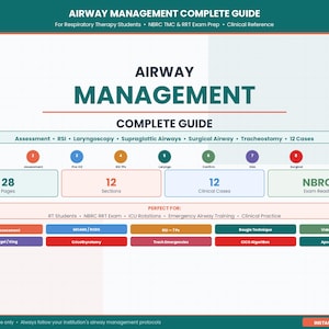 May include: A teal and white graphic titled "AIRWAY MANAGEMENT COMPLETE GUIDE" with text about respiratory therapy, including sections on assessment, laryngoscopy, and surgical airway. It has 28 pages and 12 sections.
