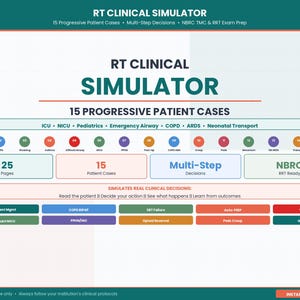 May include: A teal graphic with the text "RT CLINICAL SIMULATOR" and "15 Progressive Patient Cases." It includes sections for ICU, Pediatrics, and other medical topics. The image also features "Multi-Step Decisions" and "NBRC RRT Ready."