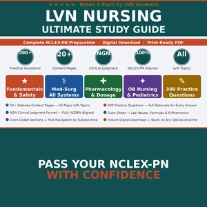 May include: A study guide for LVN nursing students. The cover features the title "LVN Nursing Ultimate Study Guide" with icons for practice questions, content pages, and clinical judgment. The guide promises complete NCLEX-PN preparation.