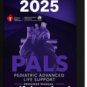以下が含まれることがあります： 白で「2025」というタイトルが付いた濃い紫色の本の表紙。表紙には「PALS PEDIATRIC ADVANCED LIFE SUPPORT PROVIDER MANUAL pdf download」というテキストと、様式化された心臓のグラフィックが描かれています。アメリカ医師会のロゴも表示されています。