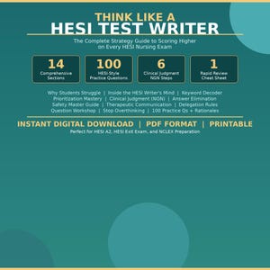 May include: A digital study guide titled Think Like a HESI Test Writer, featuring 14 sections, 100 practice questions, 6 clinical judgment steps, and a cheat sheet. The teal graphic lists topics like prioritization, safety, and delegation for exam prep.
