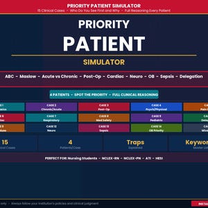 Op de afbeelding: Een digitale afbeelding met de titel "Priority Patient Simulator" met witte en gele tekst op een donkerblauwe achtergrond. De afbeelding bevat een lijst met klinische gevallen en onderwerpen zoals "ABC Basics" en "Cardiac".