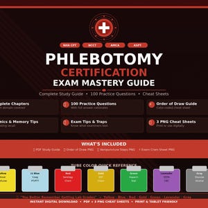 Peut inclure: Un guide de maîtrise de l'examen de certification de phlébotomie avec un symbole de croix rouge et blanche en haut. Le guide comprend des chapitres, des questions pratiques et des feuilles de triche.