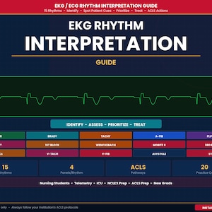 May include: A navy blue EKG rhythm interpretation guide with the title "EKG Rhythm Interpretation Guide". The guide includes information on 15 rhythms, ACLS actions, and patient cues. The guide is designed for nursing students.