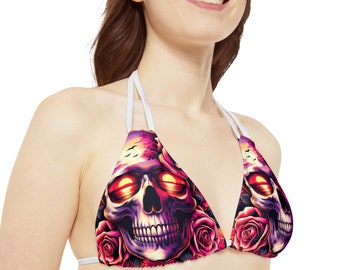 Ensemble de bikini à lanières bohème chic et crâne roses (AOP) - Vêtements de plage fleuris pour elle