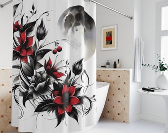 Rideau de douche en polyester floral rouge clair de lune - Salle de bain noir et blanc