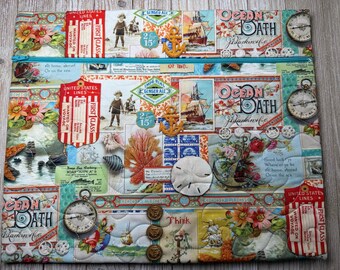 May include: A quilted fabric pouch featuring a nautical collage print with vintage-style graphics, including ships, anchors, compasses, and text like Ocean Bath. The pouch has a bright blue zipper closure and decorative buttons attached to the front.