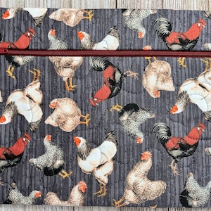Bolsa de proyecto mediana: pollos sobre gris con cierre de cremallera oxidado (10" x 8") para punto de cruz, apliques de lana y EPP