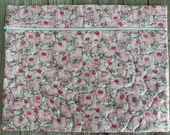 Handmade Project Bag: Pink Pigs on White with White Zipper (12.5" x 9.5")
