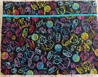 Neon Cats Project Bag: Cross Stitch, Wool Applique Organizer (12.5" x 9.5")