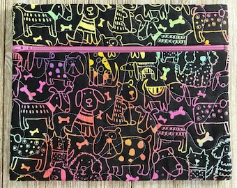 Neon Dogs on Black Project Bag: Handmade Organizer Pouch (10"x8")