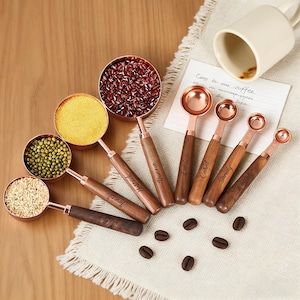 4Pcs Personalized Engraved Measuring Cups Measuring Spoons, Rose Gold Measuring Cup Set, Measuring Spoon Set, Wooden Handle, Kitchen Utensil
