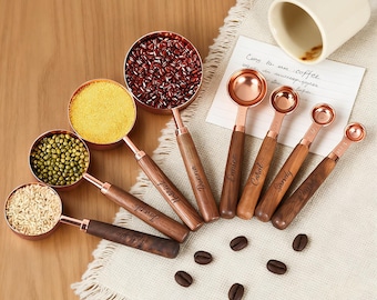 4Pcs Personalized Engraved Measuring Cups Measuring Spoons, Rose Gold Measuring Cup Set, Measuring Spoon Set, Wooden Handle, Kitchen Utensil