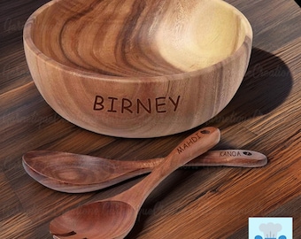 Personalized Name Wooden Utensil Set, Handmade Wood Fork, Custom Engrave Wooden Spoon, Custom Wooden Bowls for Serving Snacks, Gift For Her