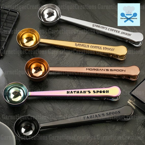 Personalised Coffee Scoop and Clip, Engraved Coffee Measuring Spoon, Custom Coffee Lover's Gift, Coffee Bag Clip, Gift For Coffee Lover