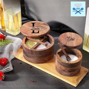Personalisatie voor hout zoutpot houder pot pot, kruidenpotje, suikerpot, zoutvaatje, koken moeder cadeau, verjaardagscadeau, huwelijkscadeau
