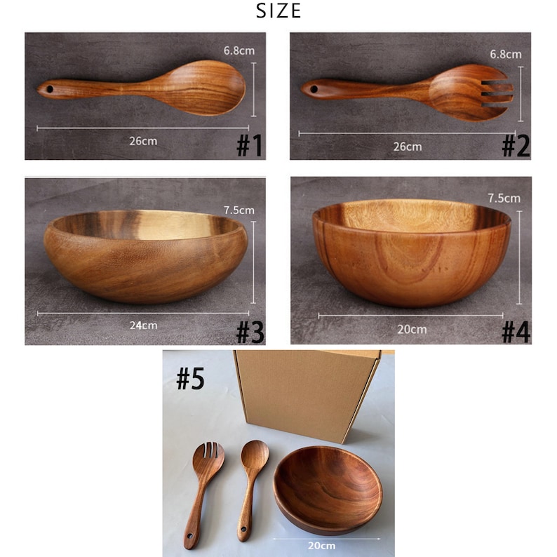 May include: Set of five wooden bowls and serving utensils. The set includes two large bowls, two smaller bowls, a serving spoon, and a serving fork. The bowls are all made of natural wood and have a light brown color. The utensils are also made of wood and have a natural finish. The set is perfect for serving salads, snacks, or other dishes.
