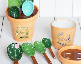 Personalization Cactus Measuring Spoons Set, Measuring Spoon Set, Plant Decor, Cute Ceramics, kitchen Decor, Vintage, Housewarming Gift