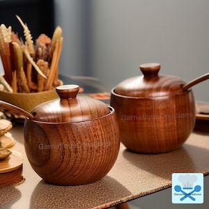 Handmade Wood Spice Jar with Lid Spoon, Wooden Seasoning Jar, Wood Containers Set, Cooking Condiment Jar, Salt Spice bowl Gift