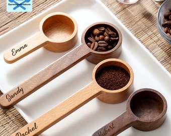 Personalized Natural Walnut Beech Wood Coffee Measuring Spoons, Short Handle and Long Handle Spoon, Gift For Coffee Lover, Housewarming Gift