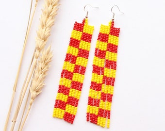 Long red and yellow chandelier earrings modern beaded boho jewelry seasonal women accessory adorable birthday gift for her